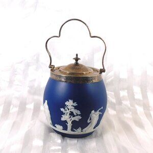 Dark Blue Jasperware Ice Bucket with White Design # 26243